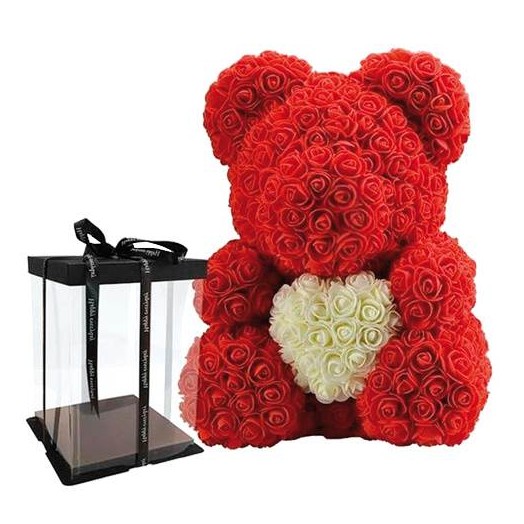 Αρκουδάκι από Τεχνητά Τριαντάφυλλα Κόκκινα με Λευκή Καρδιά 40cm - 21873