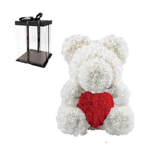 Αρκουδάκι από Τεχνητά Τριαντάφυλλα Λευκά με Κόκκινη Καρδιά 40cm