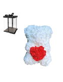 Αρκουδάκι από Τεχνητά Τριαντάφυλλα Λευκά με Κόκκινη Καρδιά 25cm
